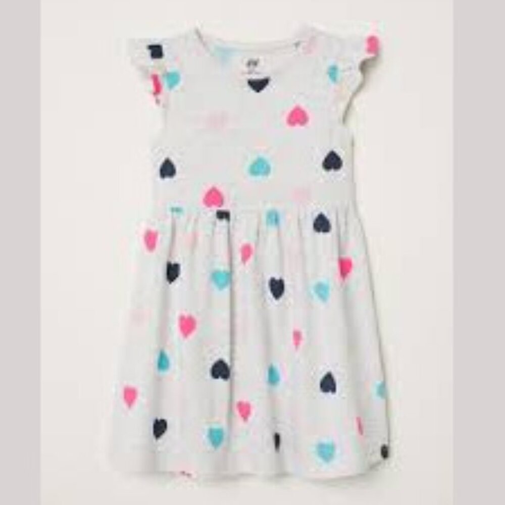 H&M Heart Print Flutter Sleeve Jersey Dress, Light Gray Marl, Size 6-8